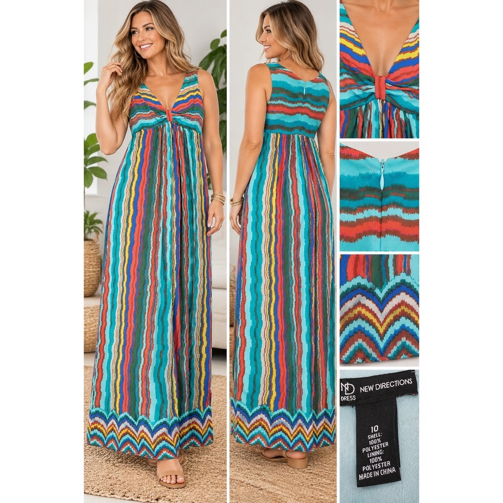 New Directions Dress Size 10 Multicolor Striped Maxi Dress Empire Waist Boho